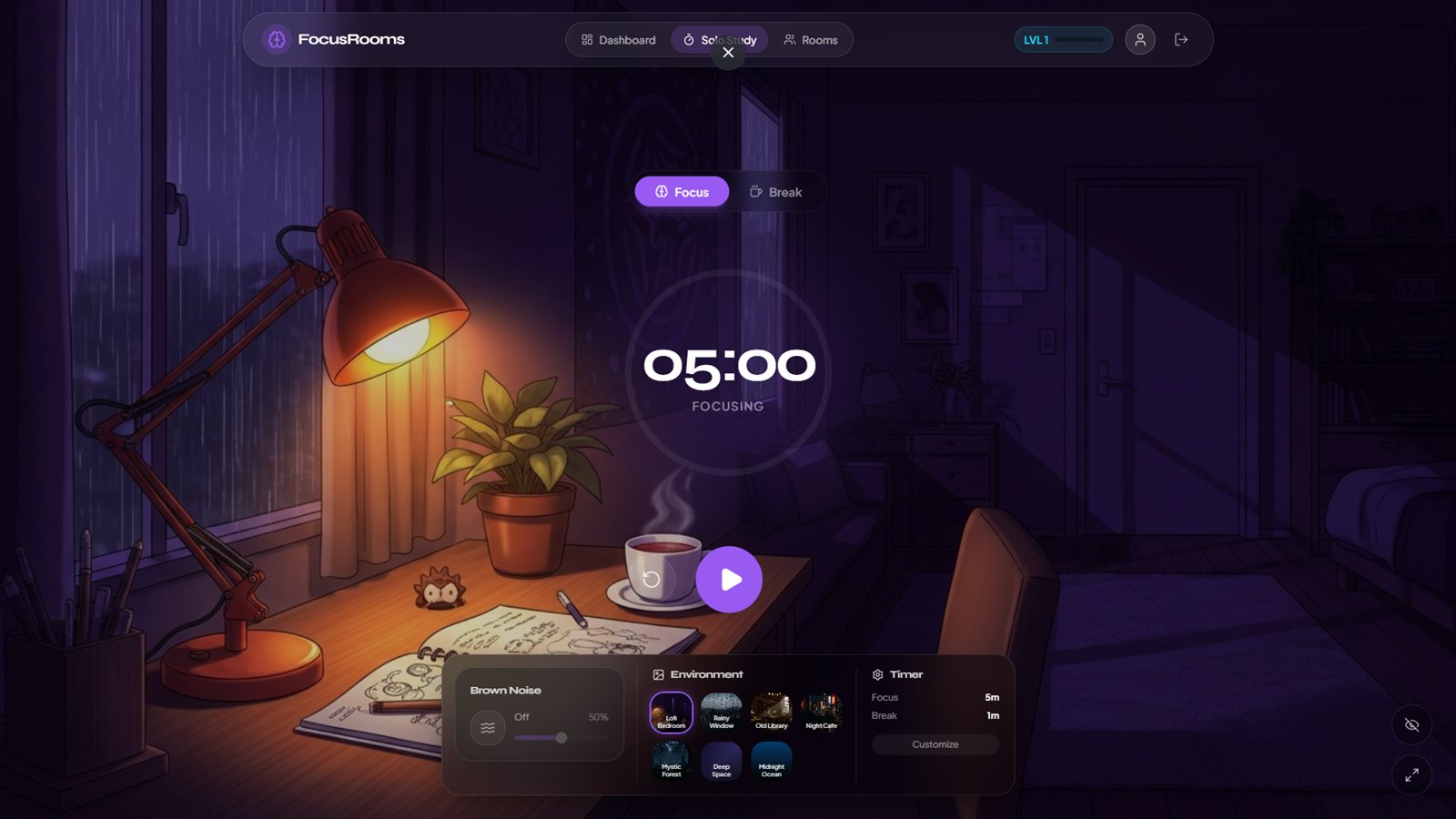 FocusRooms late-night desk environment