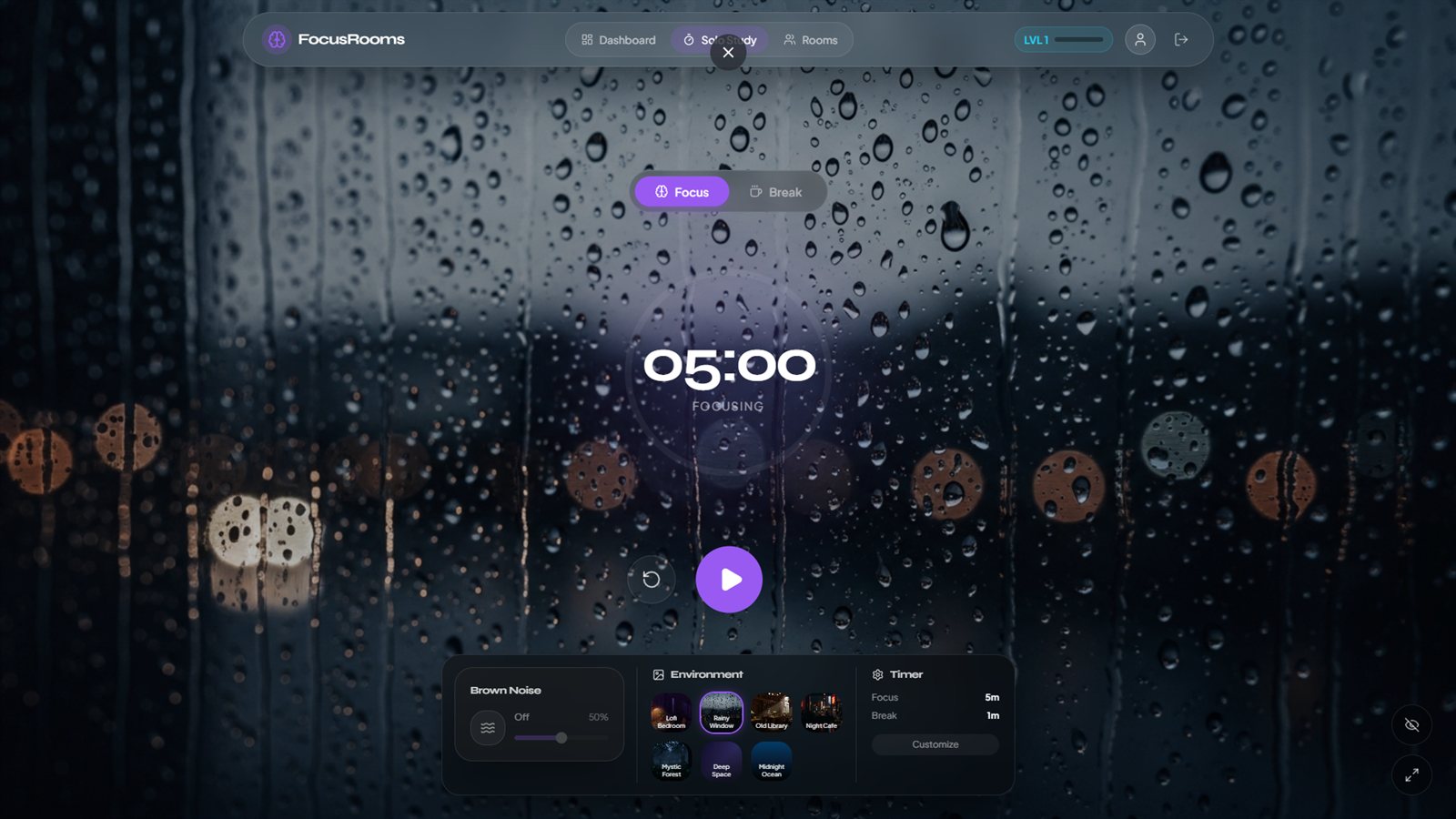 FocusRooms rainy window environment