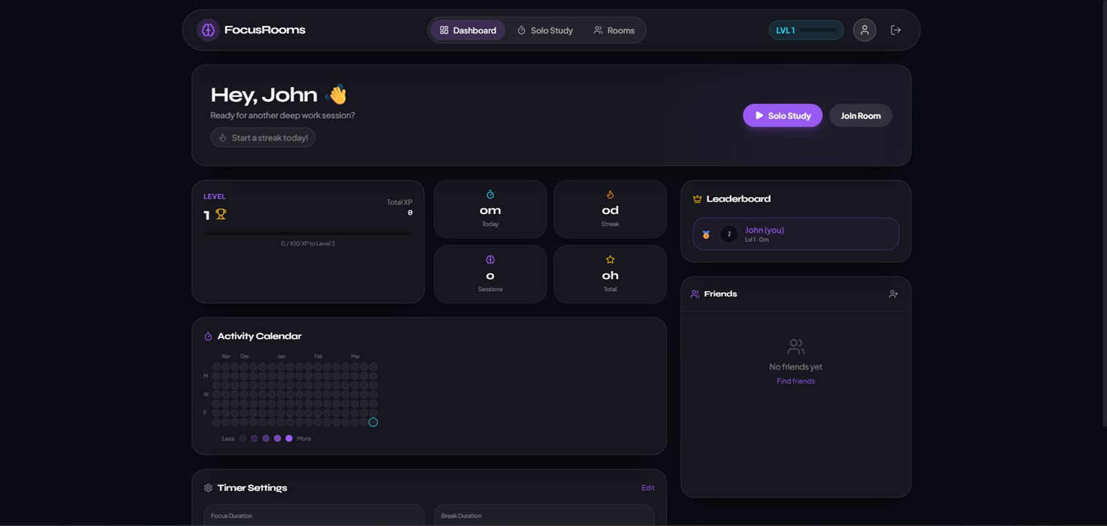 FocusRooms dashboard showing XP, streaks, activity calendar, leaderboard, and statistics
